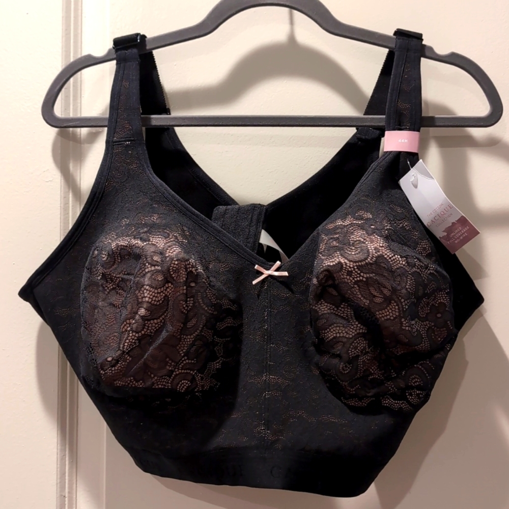 Bra - Cacique Unlined Full Coverage Cotton Blend No Wire Black Lace Bra 44H NWT